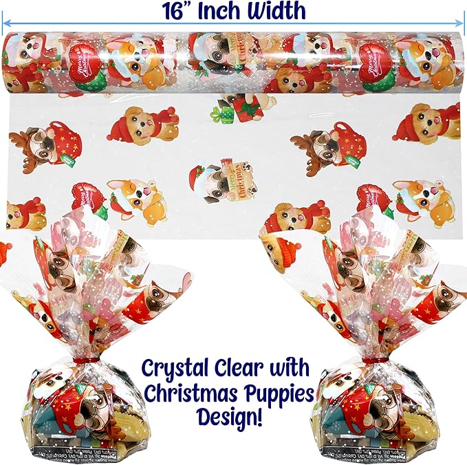 AnapoliZ Christmas Cellophane Wrap Roll | 100’ Ft Long X 16” in. Wide | 2.3 Mil Crystal Clear Christmas Puppies Cellophane | Gifts, Baskets, Treats Cello Wrapping Paper | Christmas Puppies Cello Roll