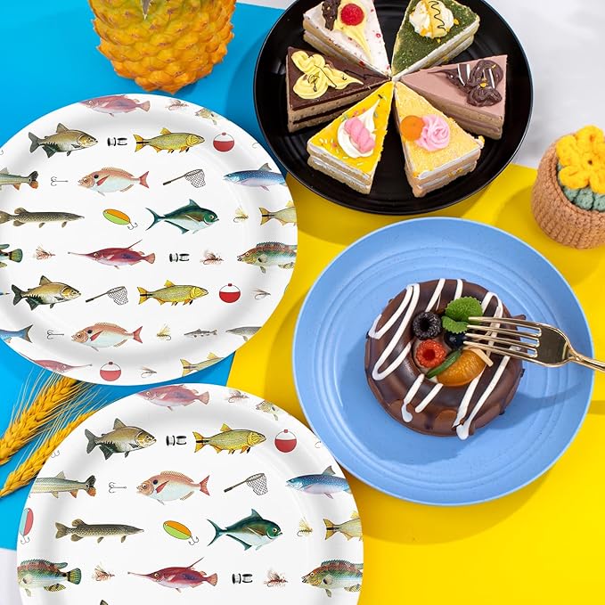 40 Pcs Fishing Plates and Napkins Party Supplies, Fishing Birthday Paper Plates and Napkins Disposable Tableware Set for Ofishally One Birthday Decorations Serves 20