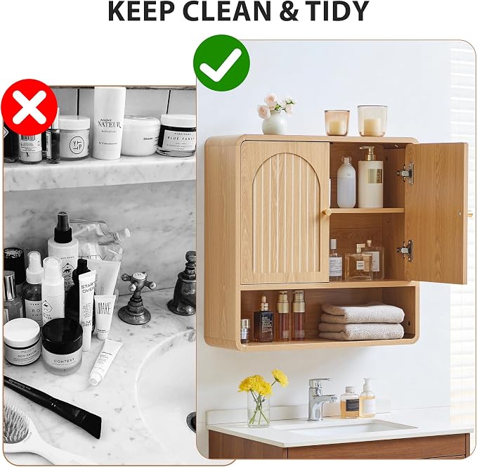Wall Storage Cabinet with Adjustable Shelf, Over the Toilet Storage Cabinet for Bathroom, Light Wood Color Medicine Cabinet Organizers for Bathroom, Laundry Room, Kitchen (Natural)