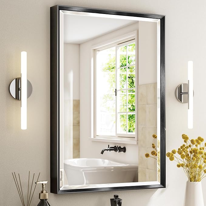Black Framed Mirror for Bathroom, 24x36 Inch Black Rectangle Beveled Bathroom Vanity Mirror, Anti-Rust Matte Black Metal Frame Mirror for Wall, Vertical/Horizontal Wall-Mounted Mirrors