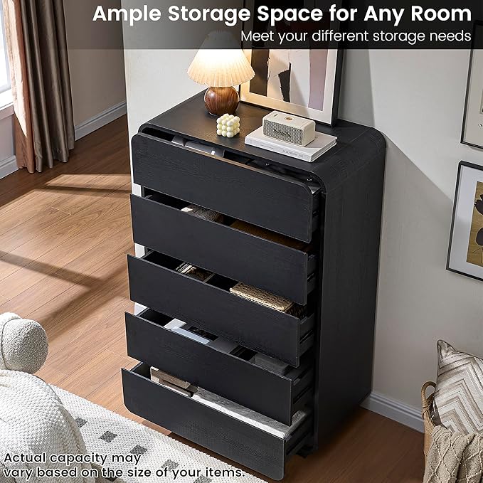 29.5’’ W Dresser for Closet, Black Drawers with Curved Design, Chest Drawer with 5 Drawers, Vertical Drawer with Large Storage, Wooden Dresser for Living Room, Nursery, Entryway