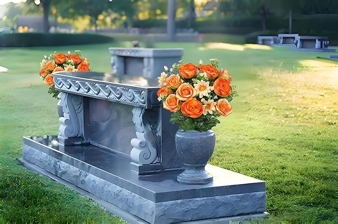 Hollyone Set of 2 Artificial Cemetery Flower for Graves Orange Cemetery Memorial Flowers for Outdoor Grave Decorations Silk Flower Arrangements Rose Ranunculus Gerbera Floral Flowers Bouquets