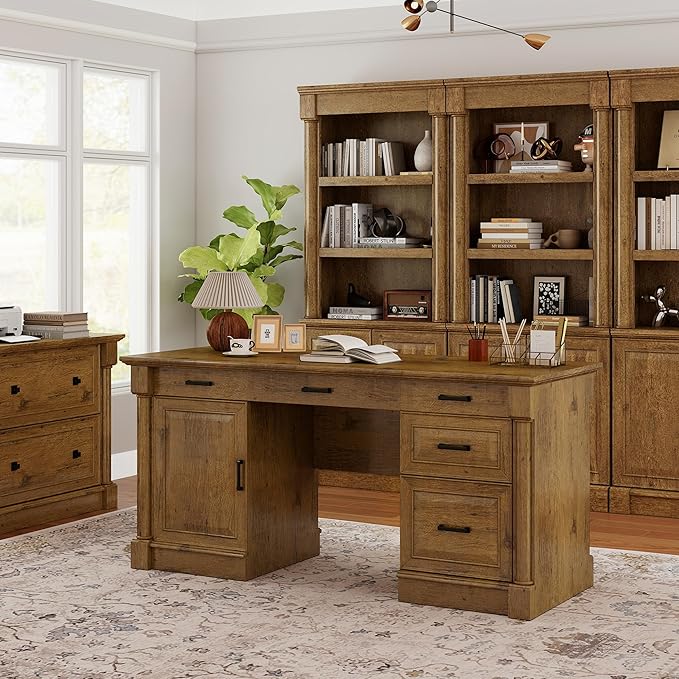 61.85″ Executive Desk with Roman Column Design, Large Boss Office Desk 3 Drawers incl. File Drawer, Keyboard Tray, Cabinet Shelf with Door, Vintage Oak