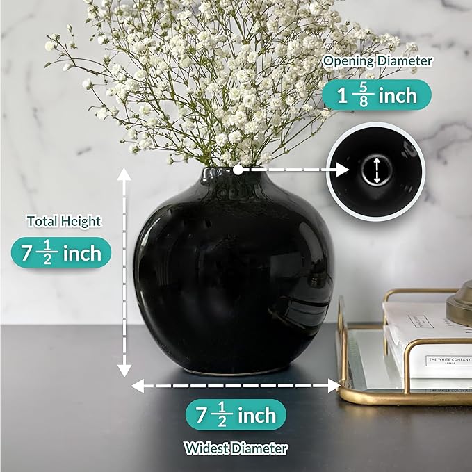 Willowy 7.5 Inch Large Black Ceramic Vase with Glossy Finish - Black Vases for Centerpieces, Vases for Home Decor, Round Gothic Vase for Flowers
