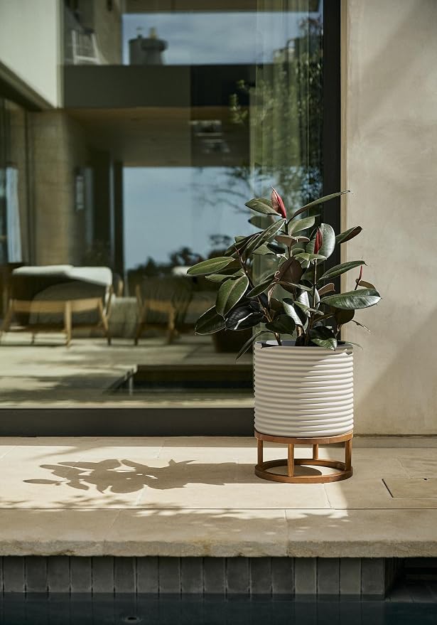 Veradek Mod Series Raised 13" Short Planter for Patio & Backyard | Durable Plastic-Stone Material w/Wooden Stand | Modern Décor for Plants & Flowers