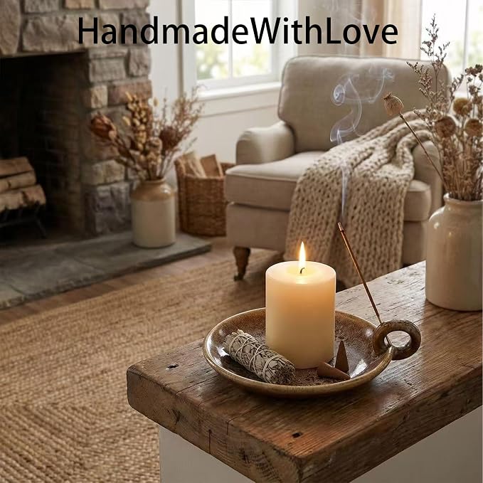 Vintage Ceramic Pillar Candle Holder Round Farmhouse Candlestick Holders with Handle, Decorative Incense Tray for Meditation Room, Table Centerpiece & Home Decor (Khaki)