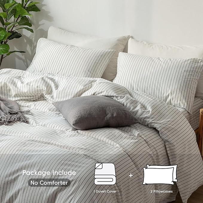 MooMee Striped Duvet Cover Set 100% Washed Cotton Linen Like Textured Breathable Durable Soft Comfy (White Dark Grey Wide Stripes, Cal King 104"x98")