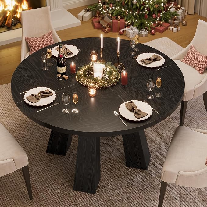 IDEALHOUSE 47" Round Dining Table for 4-6, Wood Kitchen Table with Sturdy Base, Farmhouse Circle Dinner Table for Dining Room, Living Room, 4 Strong Legs, Black