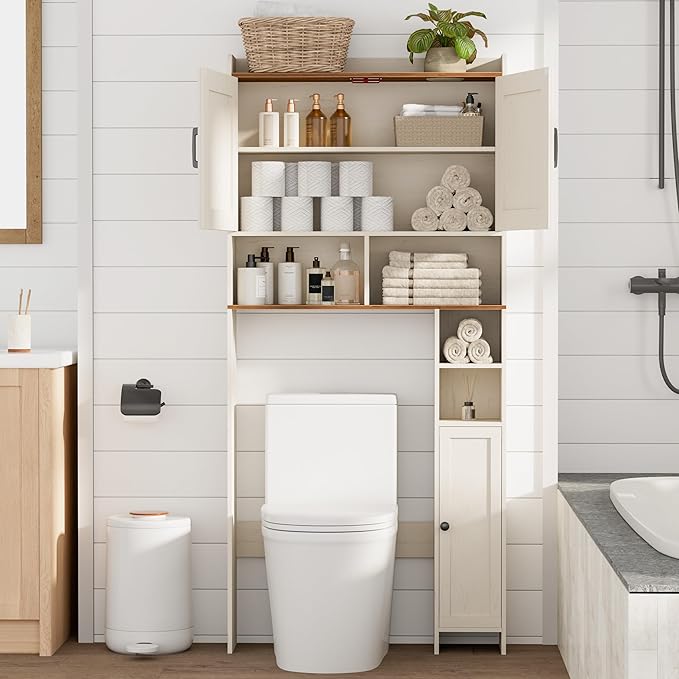 Homhedy Over The Toilet Storage Cabinet with 2 Barn Door and Toilet Paper Holder Stand, FreeStanding Toilet Shelf Space Saver, for Bathroom, Restroom, Laundry, Rustic White and Brown