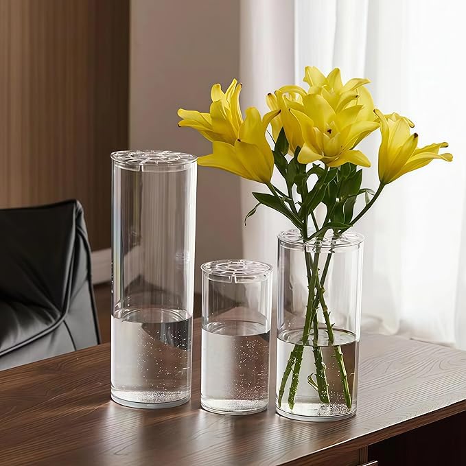 3 Large Acrylic Cylinder Clear Vase for Centerpieces, Hurricane Unbreakable Tall Big Wide Mouth Flower Vases for Birthday Wedding Bouquet Decor (D 6" X H 15.8", D 4.8", D 4" + 3 Holder)