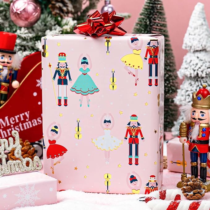MAYPLUSS Pink Christmas Wrapping Paper Roll - 17IN X 33FT - Christmas Nutcracker Gift Wrapping Paper Featuring Ballet Guitar Gold Star Reversible Snowflake for Kids, Holiday, New Year