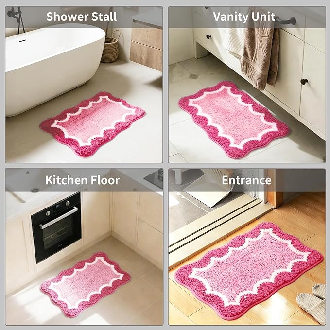 Cute Scalloped Rose Pink Small Bathroom Rugs Mat,Non Slip Absorbent Quick Dry Bath Mats for Shower Room,Microfiber Bath Rug for Floor Washable Carpet for Shower Tub Sink Bedroom,16"x24"