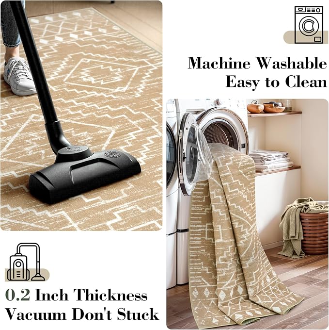 Wonnitar Moroccan Washable Area Rug 4x6, Non-Slip Rugs for Living Room, Boho Bedroom Throw Mat, Geometric Low Pile Floor Carpet for Home Office Mudroom Kitchen (Kakhi,4'x6')