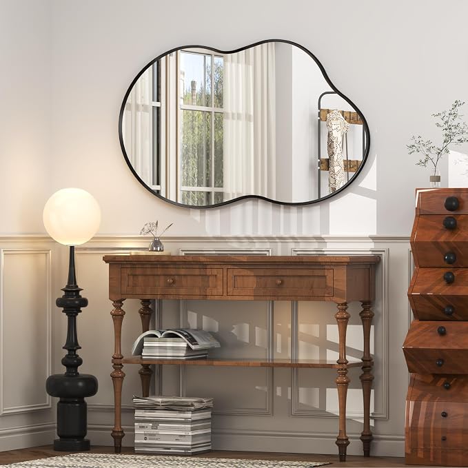 60x32 Black Matte Irregular Wall Mirror, Large Black Asymmetrical Bathroom Mirror, Decorative Aluminum Frame for Bathroom Bedroom, Shatterproof, Anti-Rust (Horizontally/Vertically)