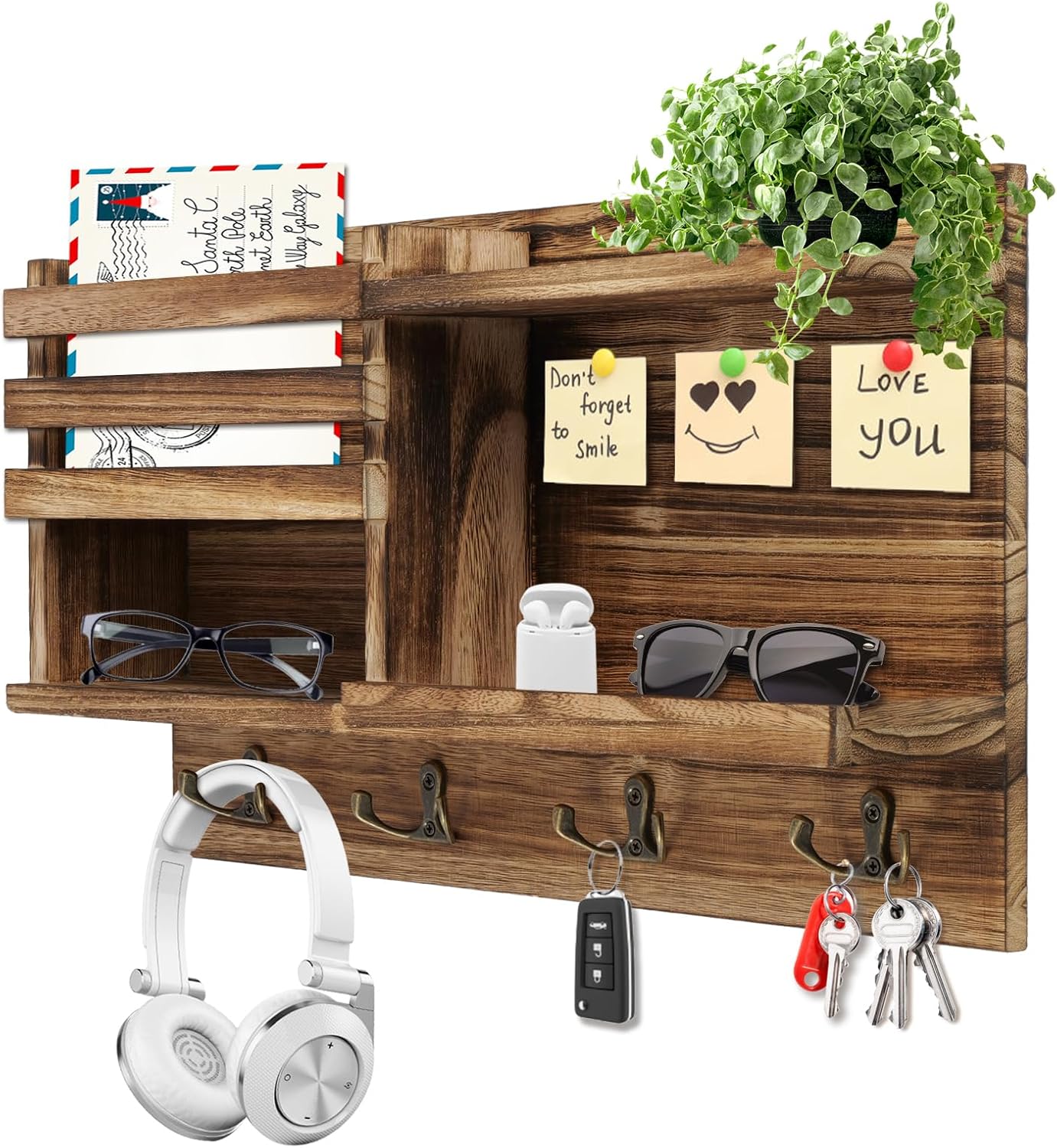 Skiennix Key Holder Wall Mount - Solid Wood Organizer with 8 Hooks for Entryway | Burnt Brown