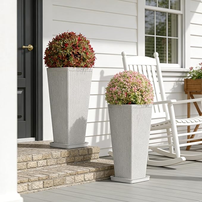 Square Tall Planters for Outdoor Plants Set of 2-23.6" Heavy-Duty Classic Tapered Indoor Flower Pots with Drainage Holes/Partition/Tray, Large Outdoor Planters for Porch Patio Garden, White