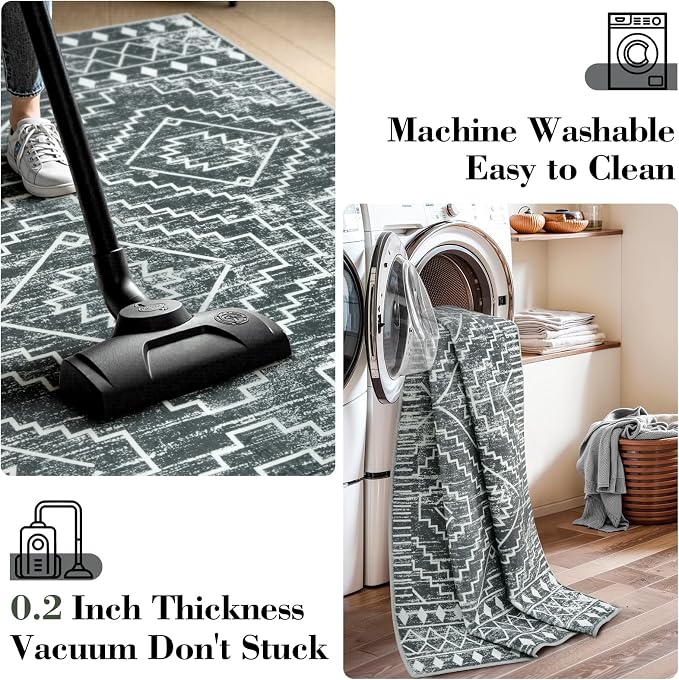 Wonnitar Moroccan Bathroom Rug,Washable 2x3 Small Bath Mat, Boho Tribal Soft Kitchen Sink Mat, Non-Slip Geometric Entry Way Rug, Low-Pile Indoor Carpet for Bedside Entrance Laundry (Dark Grey,2'x3')