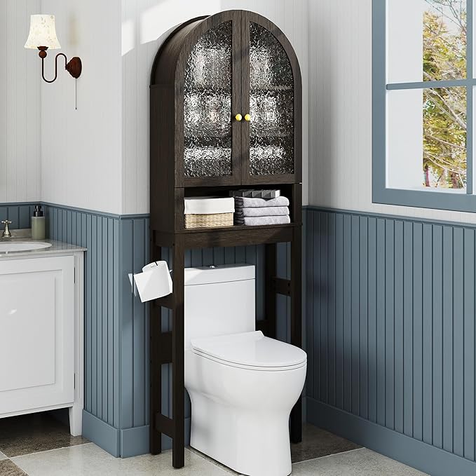 HMstone Over The Toilet Storage Cabinet, Arched Bathroom Organizer and Storage with Acrylic Doors and Adjustable Shelf, Space Saver Freestanding Bathroom Modern Storage Cabinet Over Toilet Dark Brown