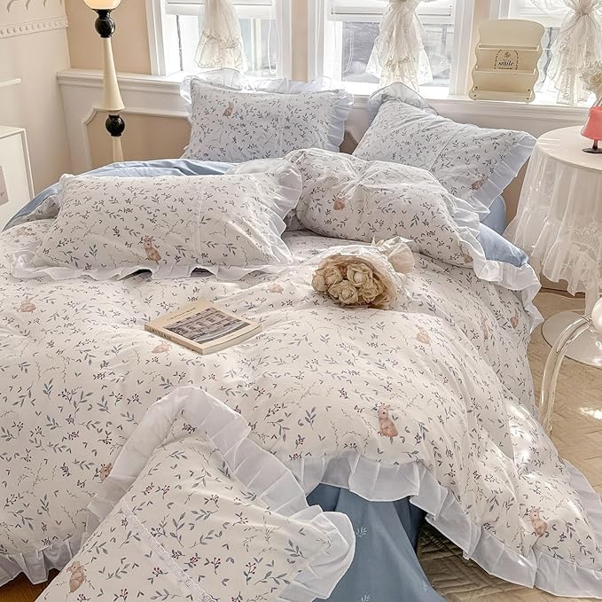 VM VOUGEMARKET Girl's Romantic Ruffle Comforter Set Twin Cute Rabbit Comforter with 2 Pillow Shams Toddler Girls White Lace Bedding Set(3pcs,Twin XL)