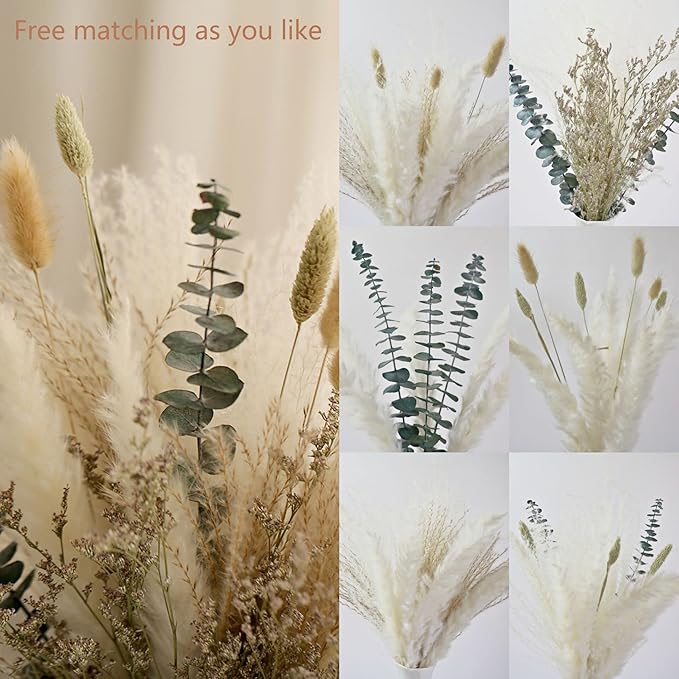 Musunny Natural Dried Flower Bouquet,17" Dried Flowers for Vase,Dried Floral Arrangements for Boho Farmhouse Home Décor Indoor with Pampas(Green)