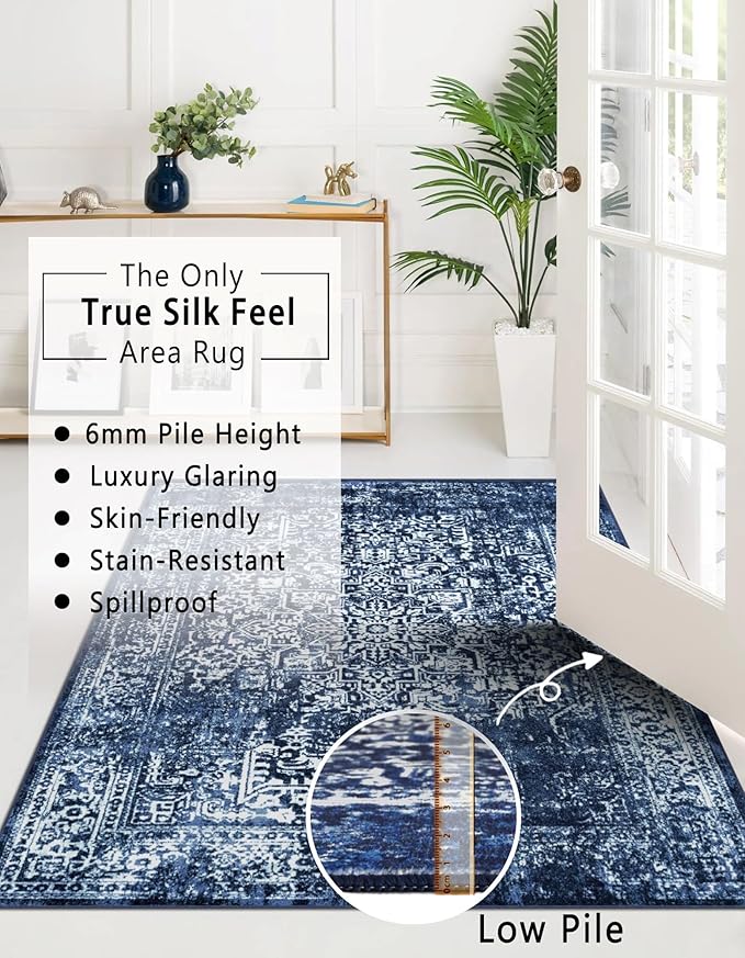 vivorug 3x5 Area Rugs, Stain Resistant Washable Rug for Living Room, Vintage-Inspired (Navy Blue, 3'x5')
