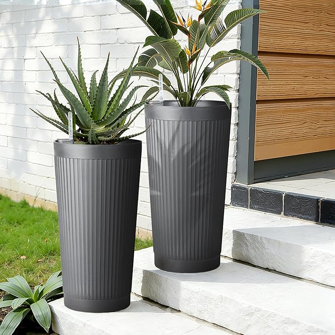 Set of 2 Tall Self-Watering Planters, 24" Large Planters with Water Level Indicator for Indoor & Outdoor Plants, Modern Planters for Garden, Patio, Balcony, Porch, Cement Gray