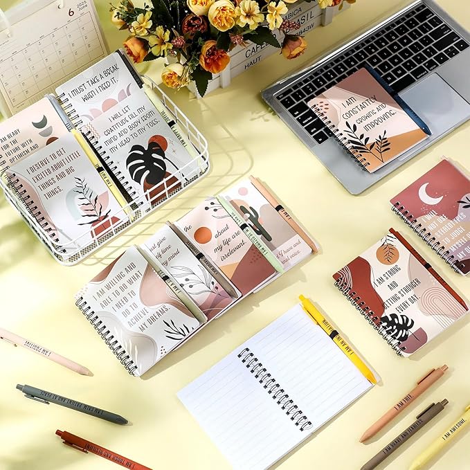 Kosiz 24 Pcs/12 Set Positive Affirmation Gifts Gratitude Spiral Notebooks with Pens Motivational Encouragement Notepads Daily Affirmations Journal for Women Valentine Galentine Gifts (Boho)
