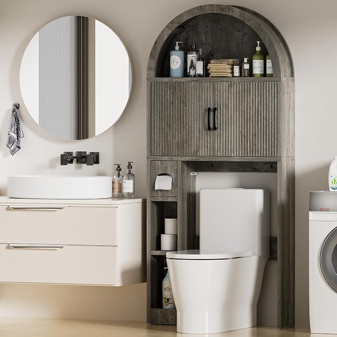 Spurgehom Over The Toilet Storage Cabinet, Bathroom Shelf Organizer Freestanding, Bathroom Arch Cabinet Over Toilet with Toilet Paper Holder and Anti-Tipping Device, Grey