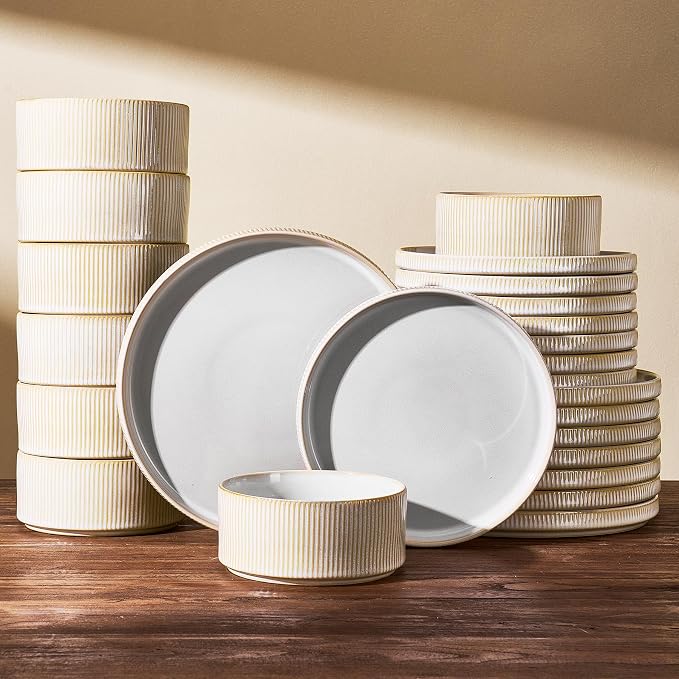 24-Piece Dinnerware Set for 8, Famiware Premium Stoneware Dish Set with Ribbed Plates and Deep Bowls, Double Reactive Glaze, Chip & Scratch Resistant, Microwave & Dishwasher Safe, Cappuccino White