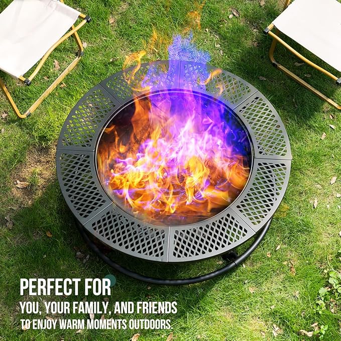 Panovue 36 Inch Fire Pit with Grill,Wood Burning Fire Pits for Outside with Lid& Fire Poker,Round Metal Firepit Table 3 in 1 with Cooking Grate,Outdoor Firepits for Yard Patio Bonfire Camping(Black)