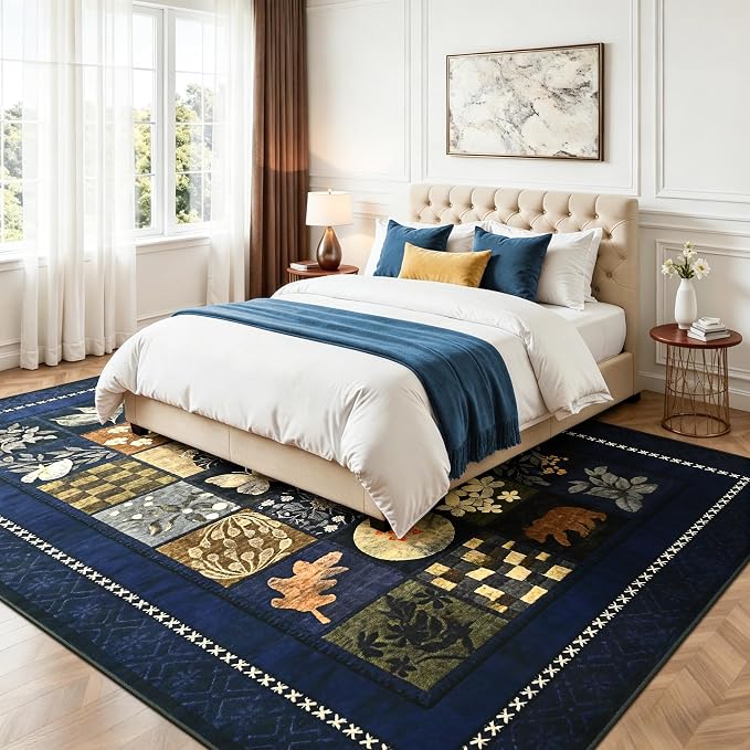 Tepook 6x9 Area Rugs for Living Room, Modern Large Geometric Rug for Bedroom, Washable Patchwork Rug Indoor Non Slip Throw Carpets for Dining Room Office Farmhouse Home Decor, Navy Blue