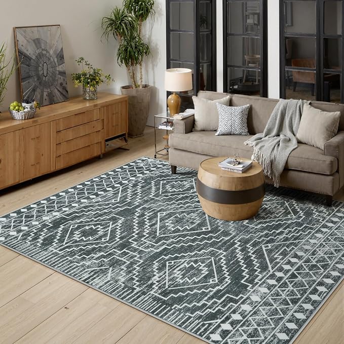 Wonnitar Moroccan 6x9 Area Rugs, Washable Grey Rugs for Living Room, Large Soft Bedroom Throw Rug, Non-Slip Stain Resistant Thin Boho Floor Carpet for Dining Room Home Office Decor (Dark Grey,6'x9')