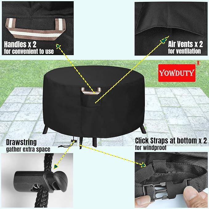 YOWDUTY Round Propane Gas Fire Pit Cover 36 x 24 Inch, Waterproof Heavy Duty 600D Round Outdoor Fireplace Cover 36 inch, All-weather Protection For Patio Firepit / Fire Bowl 34/35/36 inch