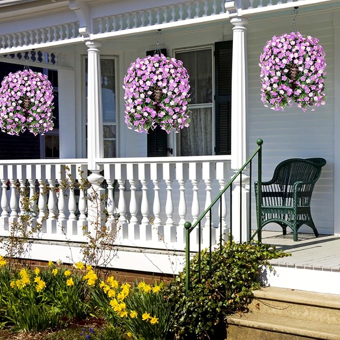 Artificial Faux Fall Hanging Mums Flowers Plants Baskets for Outdoor Outside, Fake Silk Light Fuchsia Daisy Orchid Trailing Vines in Planter Realistic UV Resistant for Balcony Porch Decor