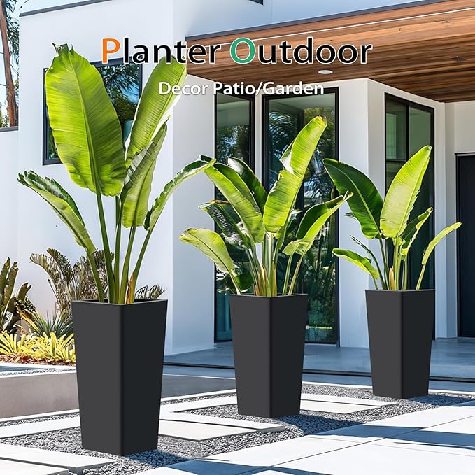 Tall Planters for Outdoor Plants, Large Resin Flower Pots for Garden, Front Porch, Patio, Indoor - Set of 2 (Black, 28 inch - 2 Pack)