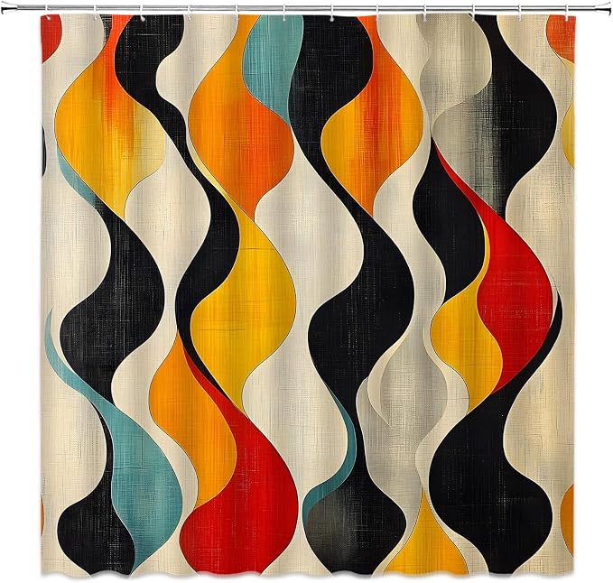 Mid Century Shower Curtain Boho Minimalist Modern Abstract Aesthetic Geometric Striped Atomic Retro Earthy Fabric Bathroom Decor Set with Hooks(59" Wx70 H)