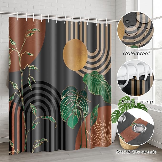 Brown Boho Mid Century Shower Curtain Set with Toilet Lid Cover and Non-Slip Rugs, Abstract Retro Grey Background 4 Pcs Modern Minimalist Aesthetic Shower Curtain for Bathroom Set with 12 Hooks