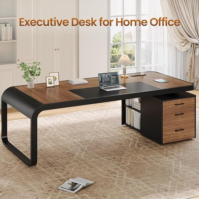 Itaar 70.9" Executive Desk, Large Computer Desk with Drawers and Lateral File Cabinet, Office Desk with Removable Shelves, Business Furniture Desk Workstation for Home Office, Brown