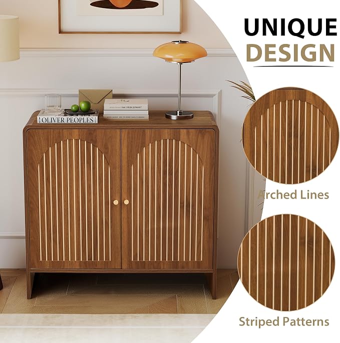 Sideboard Buffet Cabinet with Storage, Wood Arched Storage Cabinet with 2 Doors and Adjustable Shelf, Small Curved Entryway Accent Cabinet for Living Room Hallway Kitchen Dining Room, Walnut