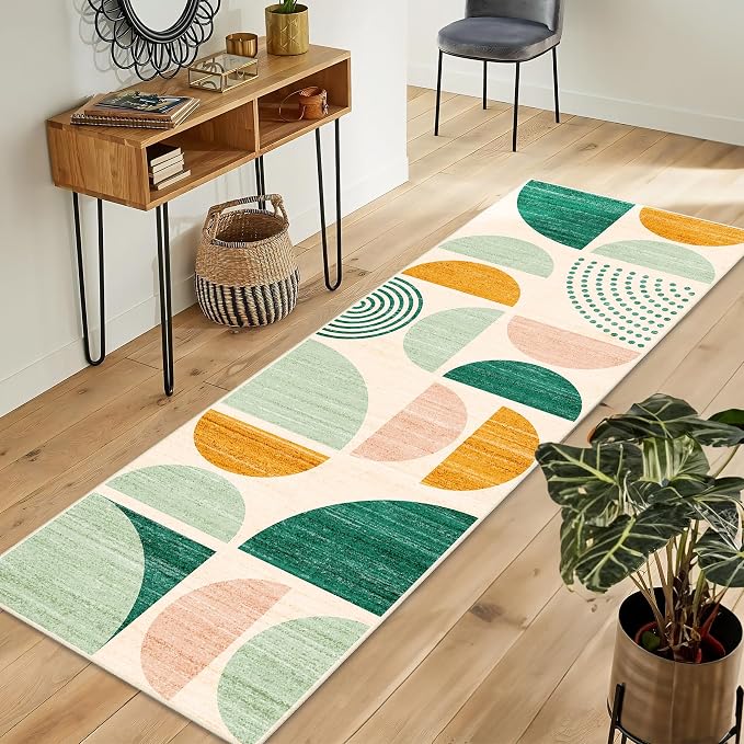 MUJOO Green Runner Rug Washable,Boho 2x6 Area Rugs for Hallways Kitchen Bathroom Bedroom Entryway,Non Slip Carpet Long Mat Indoor,Soft Modern Abstract Sage Green