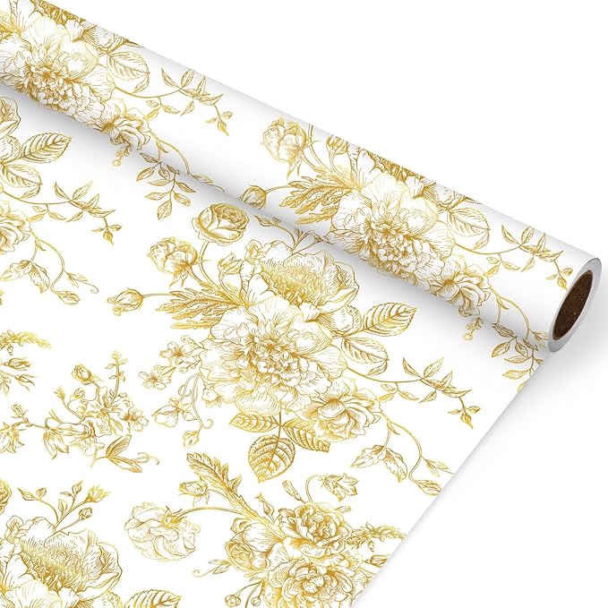 JarThenaAMCS Gold Foil Floral Wrapping Paper - Mini Roll - 17 Inch x 32.8 Ft Vintage Flower Gift Wrap Paper Decorative Art Paper for DIY Crafts Supplies