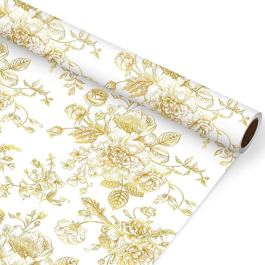 JarThenaAMCS Gold Foil Floral Wrapping Paper - Mini Roll - 17 Inch x 32.8 Ft Vintage Flower Gift Wrap Paper Decorative Art Paper for DIY Crafts Supplies