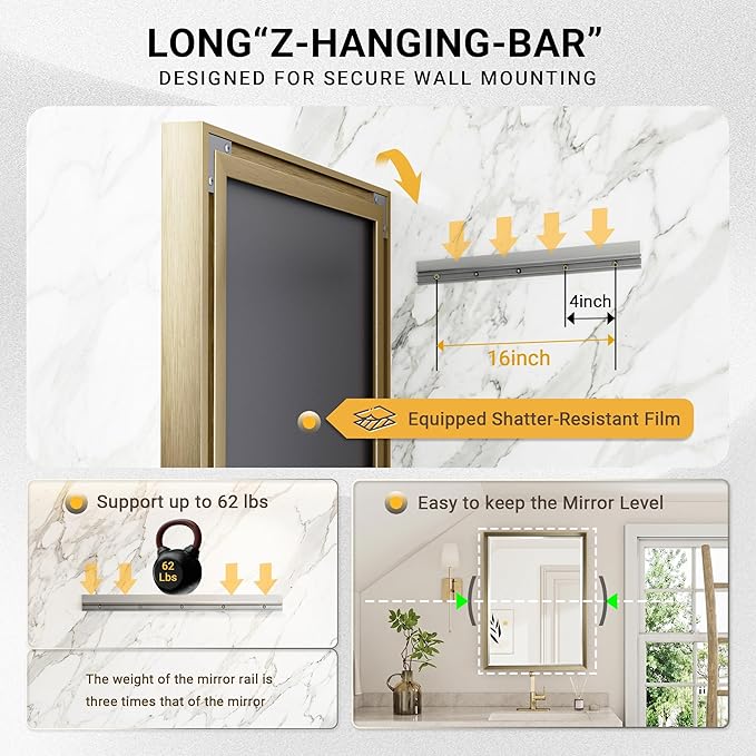 Gold Bathroom Mirror, 24x36 Brushed Gold Bathroom Mirror Beveled Edge, Gold Framed Rectangle Bathroom Vanity Mirror, Anti-Rust Brushed Brass Metal Frame Wall Mirror Vertical/Horizontal