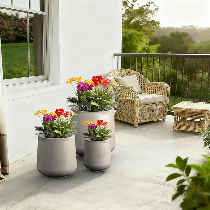 Kante 15.3"+11.6"+8.2" Dia Round Concrete Planter, Large Outdoor Indoor Planter Pots Containers with Drainage Holes and Rubber Plug for Home Garden Patio, Buff Concrete