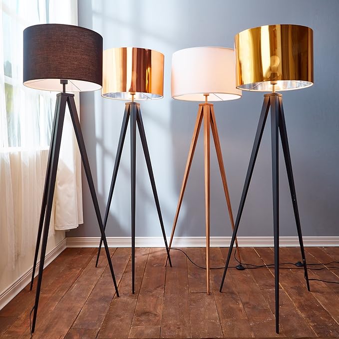 Teamson Home 61.81 in. Postmodern Tripod Floor Lamp with Foot Switch, Minimalist Lighting Option for Ambient, Accent, or Reading, Faux Natural Wood Grain Finish and White Drum Shade