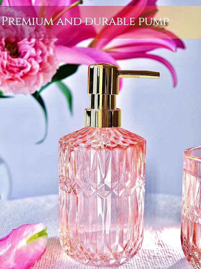 LaMarriti 5pcs Pink Bathroom Accessory Set, Clear Glass Bathroom Set, Soap Dispenser and Toothbrush Holder Set, Soap Dish, Tumbler, Qtips Holder for Crystal Modern Bathroom Decor, Set