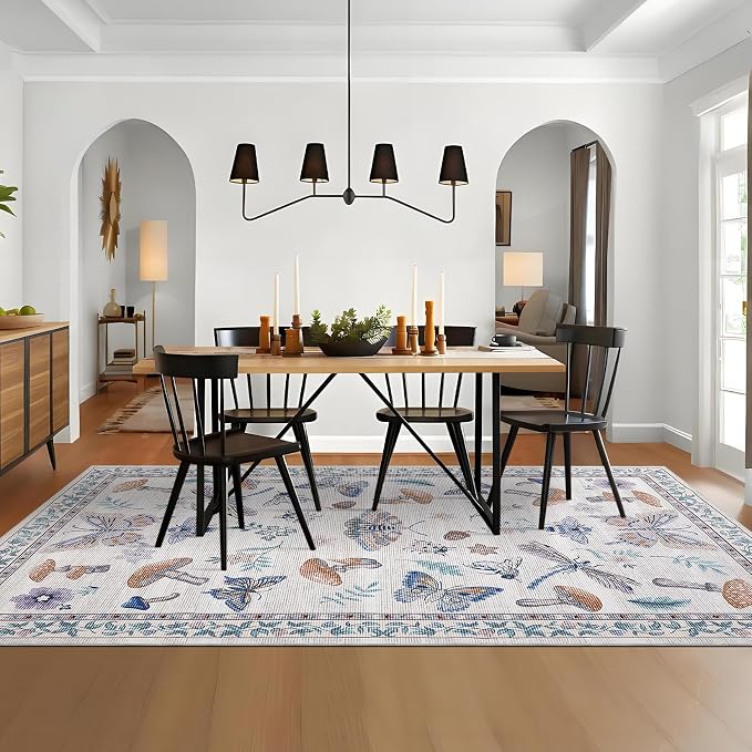 Washable 8x10 Rug for Living Room Vintage Mushroom Floral Accent Carpet Non Shedding Nursery Kids Room Rug Non Slip Soft Bedroom Large Area Rug Low Pile Boho Carpet for Dining Room Apartment, Beige