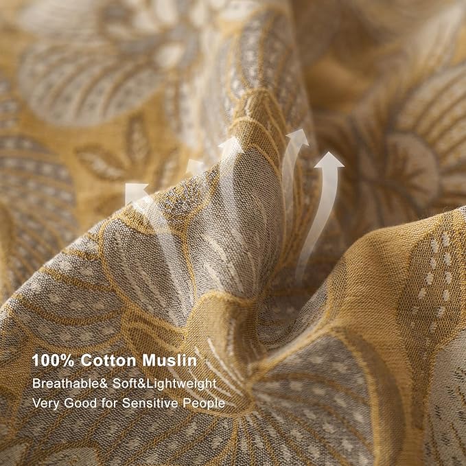 EAVD Vintage Style Yellow Floral Duvet Cover Full Soft 100% Muslin Cotton Yarn-Dyed Jacquard Textured Bedding Set with 2 Pillowcases Linen Like Gauze Botanical Duvet Cover with Zipper Closure