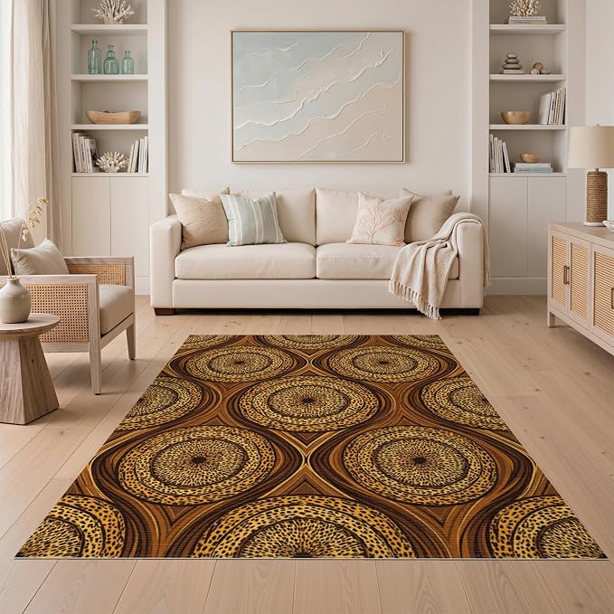 5'x7' Washable Flatwoven Rug, Orange Abstract Leopard Print Stain Resistant Area Rug for Guest Room, Lounge, Apartment, Non-Slip Low Profile Floor Covering | Ref:2229844