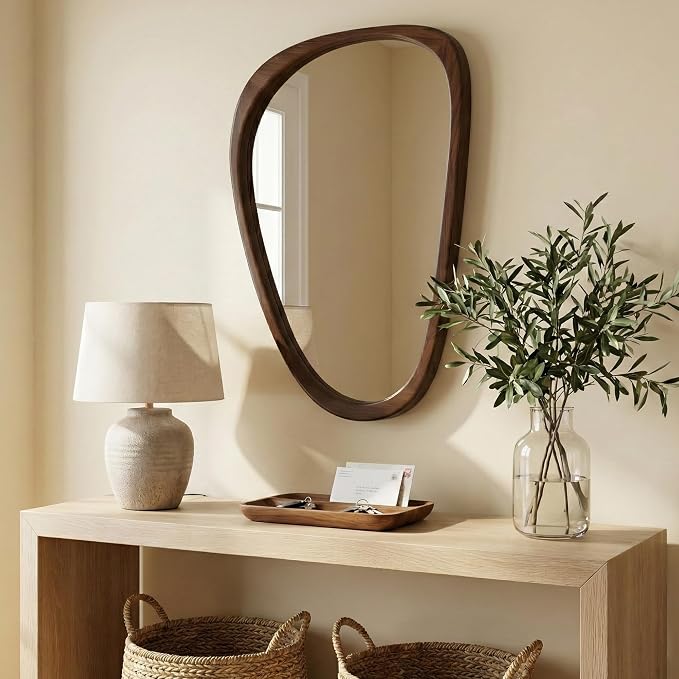 Solid Wood 36"x24" Retro Mid-Century Asymmetrical Wall Mirror, Irregular Wooden Wall-Mounted Mirror, Sculptural Bathroom Vanity Mirror for Living Room & Sideboard, Dark Walnut